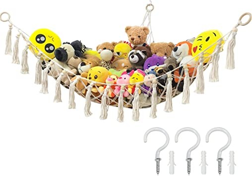 Stuffed Animal Net Hammock, Large Fringe Toy Storage Hanging Organizer for Kids Bedroom